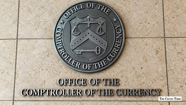 Official seal and nameplate of the Office of the Comptroller of the Currency mounted on a stone wall.