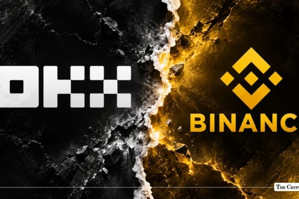 OKX and Binance exchange logos separated by a cracked ground divide