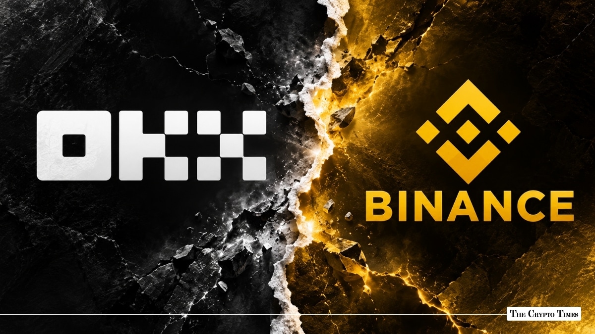 OKX and Binance exchange logos separated by a cracked ground divide