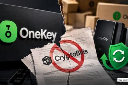 OneKey hardware wallet branding with a canceled CryptoBilis distributor notice