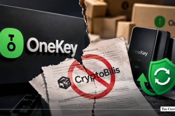 OneKey hardware wallet branding with a canceled CryptoBilis distributor notice