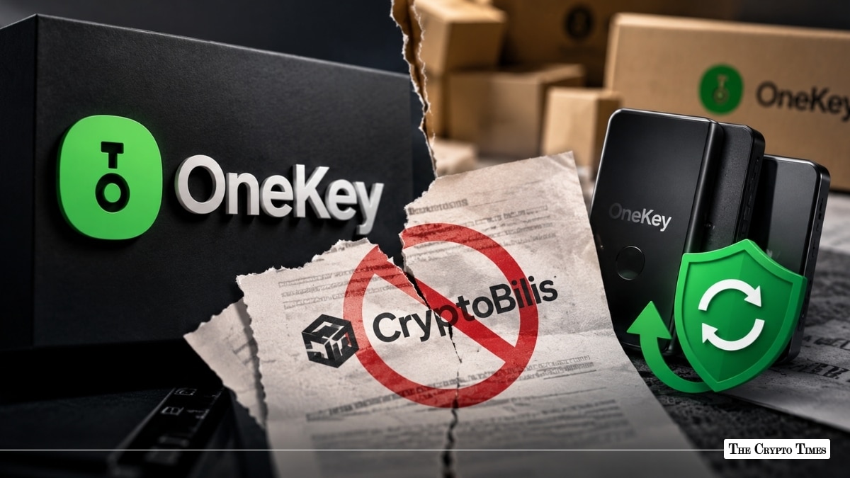 OneKey hardware wallet branding with a canceled CryptoBilis distributor notice