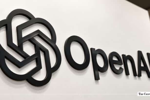 OpenAI corporate logo mounted on a white wall