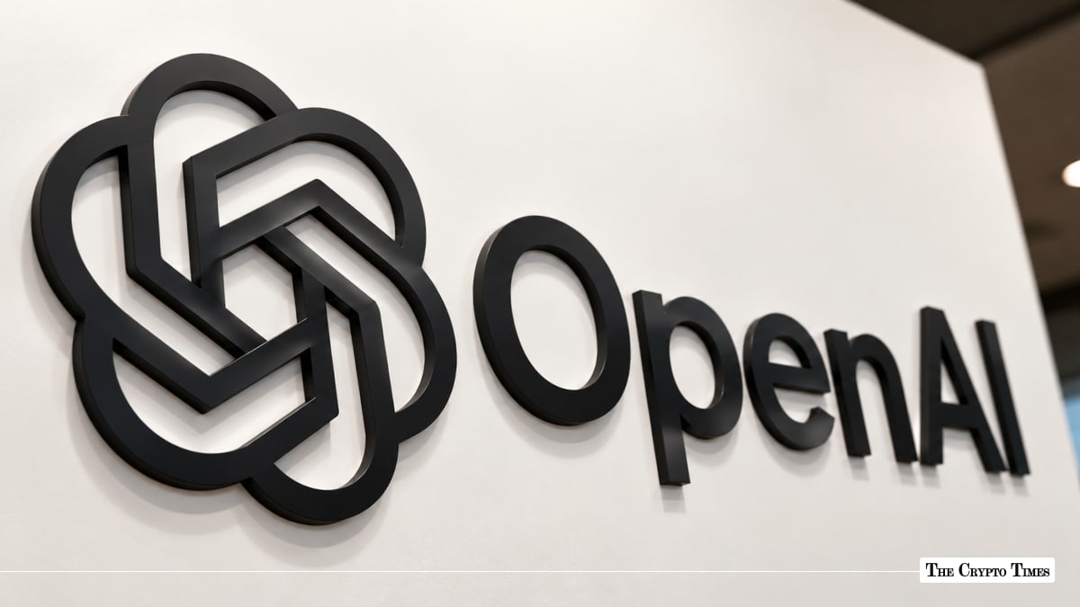 OpenAI corporate logo mounted on a white wall