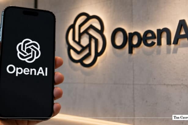 Smartphone displaying the OpenAI logo in front of OpenAI corporate office branding