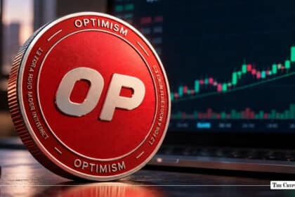 Red Optimism OP token coin in front of a bullish market chart screen