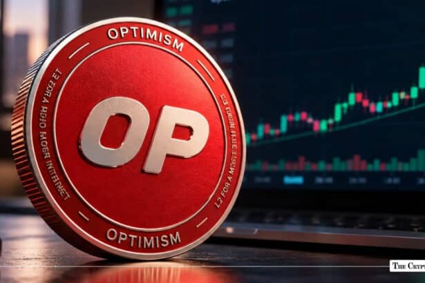 Red Optimism OP token coin in front of a bullish market chart screen