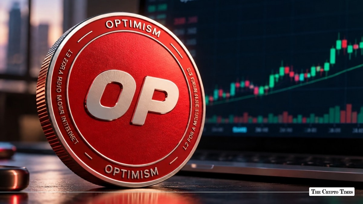 Red Optimism OP token coin in front of a bullish market chart screen
