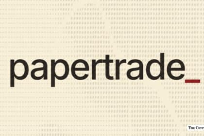 Papertrade logo displayed over a light patterned code background