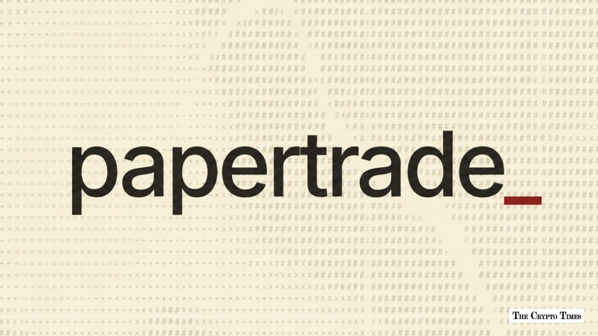 Papertrade logo displayed over a light patterned code background