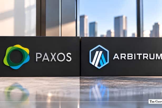 Paxos and Arbitrum logos side-by-side on dark wall panels overlooking a city skyline.