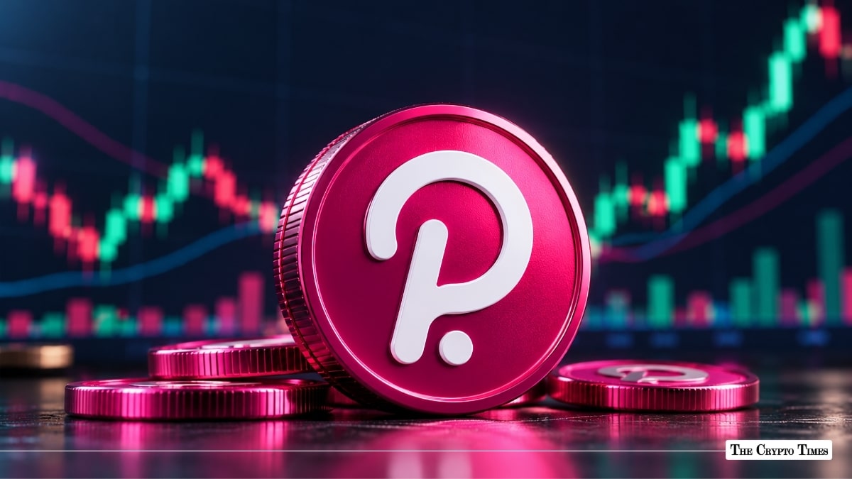 Physical Polkadot (DOT) coin standing in front of a green and red trading chart.