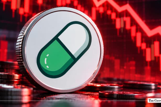 A physical token featuring a green pill logo against a red declining market chart.
