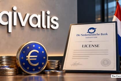 Euro coin and De Nederlandsche Bank license beside the Qivalis logo and Dutch flag