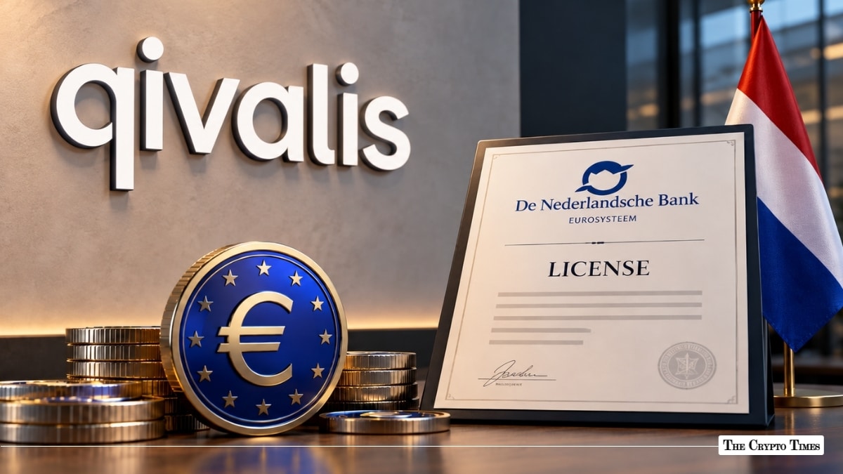 Euro coin and De Nederlandsche Bank license beside the Qivalis logo and Dutch flag