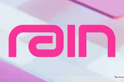 Bright pink Rain logo centered against a soft-focus pastel white and purple background