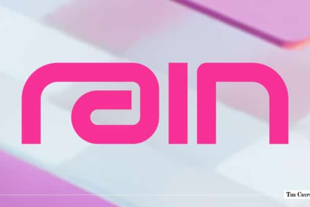 Bright pink Rain logo centered against a soft-focus pastel white and purple background