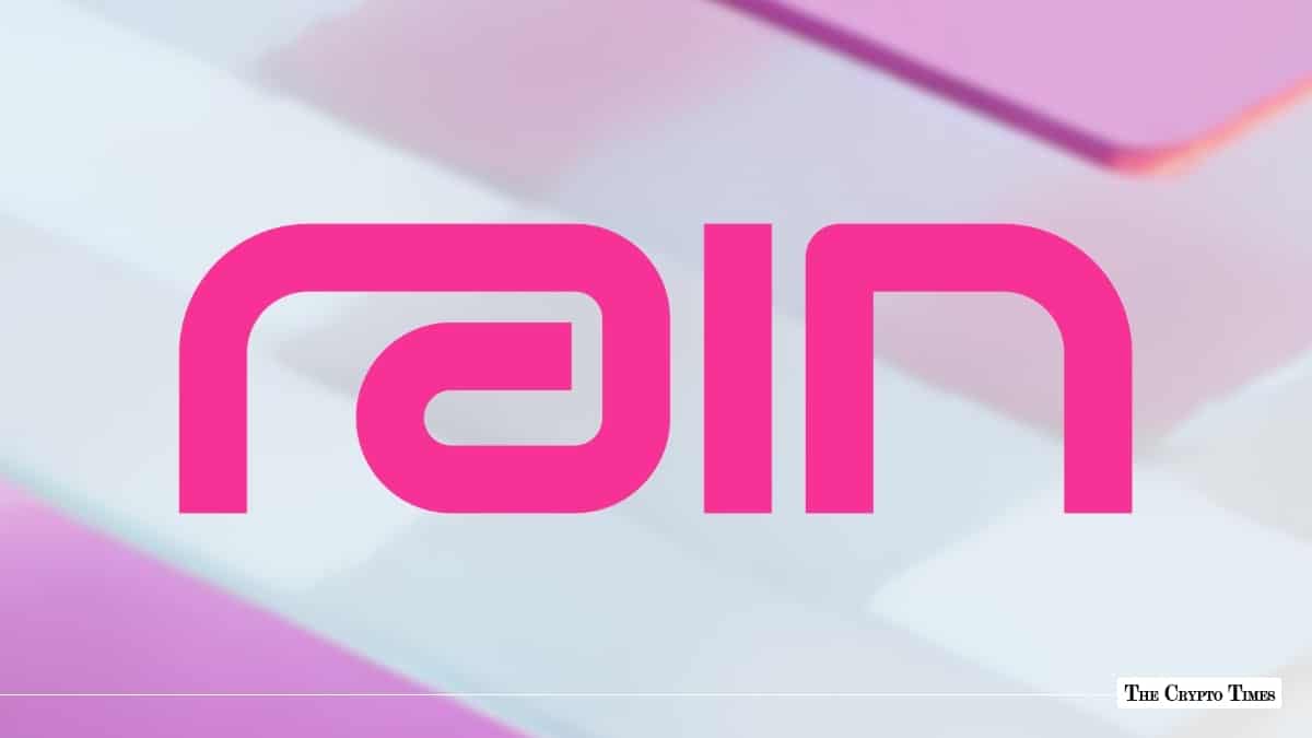 Bright pink Rain logo centered against a soft-focus pastel white and purple background
