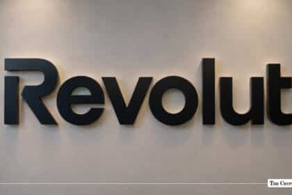 Revolut corporate logo on an office wall