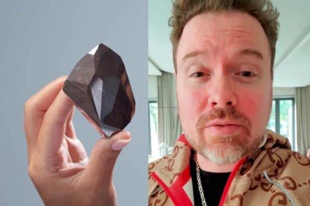 Side-by-side view of a hand holding the Enigma black diamond next to Richard Heart in a Gucci jacket.