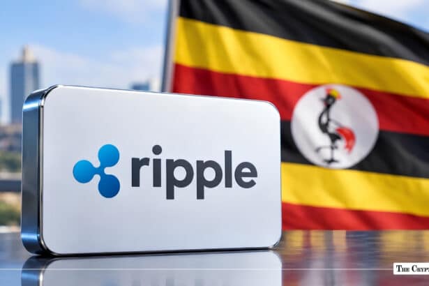 Ripple corporate sign displayed with the flag of Uganda in the background.