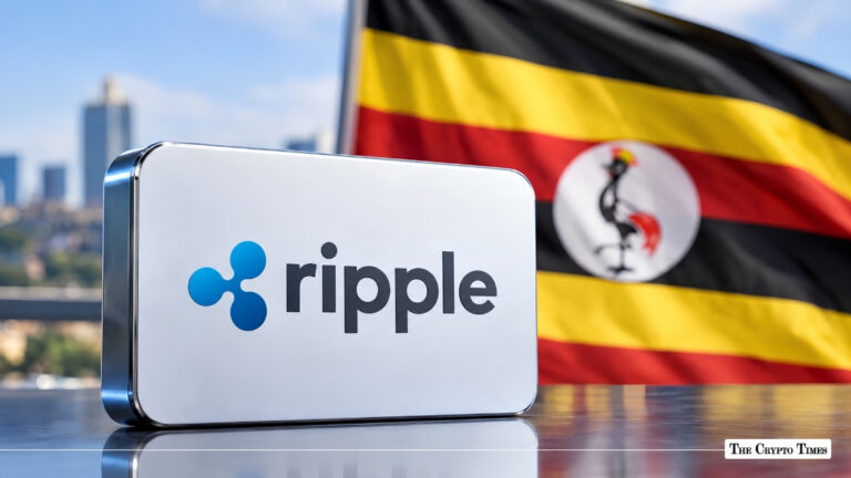 Ripple corporate sign displayed with the flag of Uganda in the background.