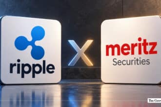 Ripple and Meritz Securities corporate logos side-by-side with an "X" symbol