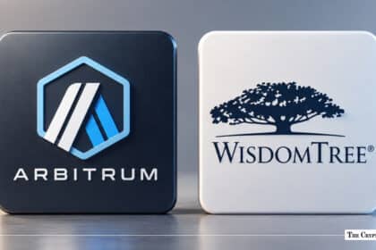 Arbitrum and WisdomTree corporate logos on square tiles