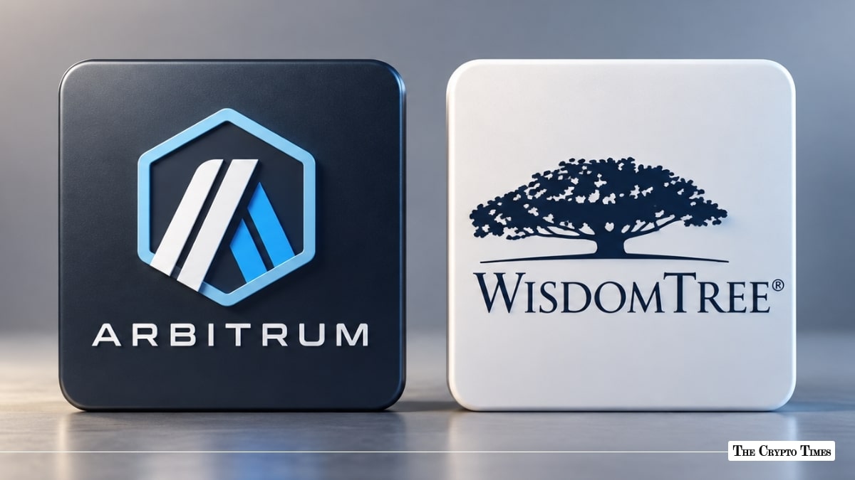 Arbitrum and WisdomTree corporate logos on square tiles