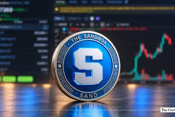 Blue The Sandbox SAND token coin set against a trading exchange screen with price charts