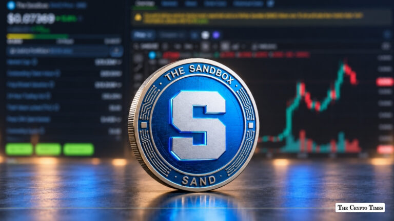 Blue The Sandbox SAND token coin set against a trading exchange screen with price charts