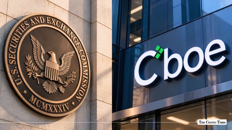 Official SEC seal mounted next to a glass building with the Cboe logo.