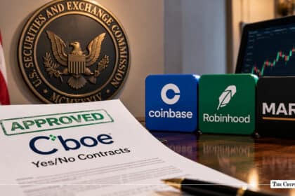 Cboe approved contracts document with Coinbase, Robinhood, and MARA logo blocks before the US SEC seal