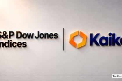 S&P Dow Jones Indices and Kaiko corporate logos on a wall