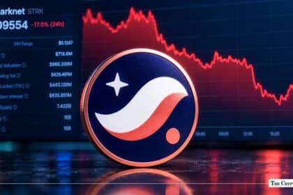 Starknet (STRK) token coin standing in front of a declining red price chart.