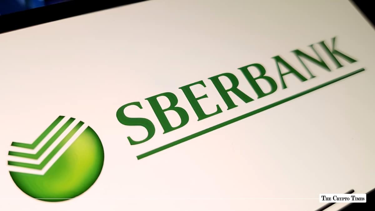 Green Sberbank logo and wordmark displayed on a white digital screen