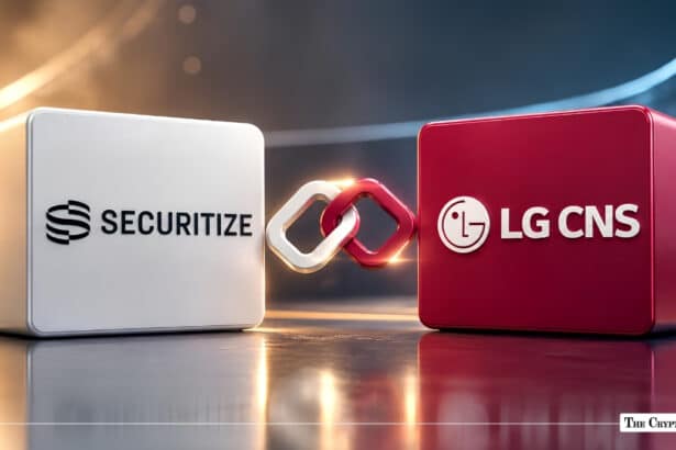 Securitize and LG CNS blocks connected by a glowing chain link.