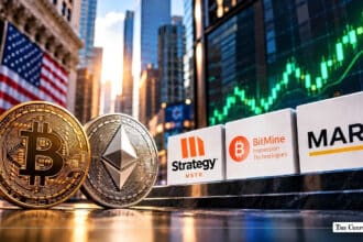 Bitcoin and Ethereum coins alongside MicroStrategy, BitMine, and Marathon Digital corporate signs against a financial backdrop.