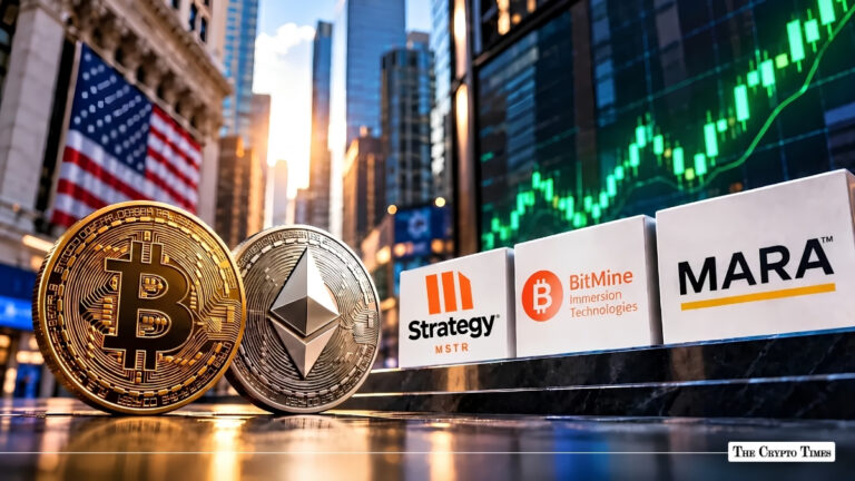 Bitcoin and Ethereum coins alongside MicroStrategy, BitMine, and Marathon Digital corporate signs against a financial backdrop.