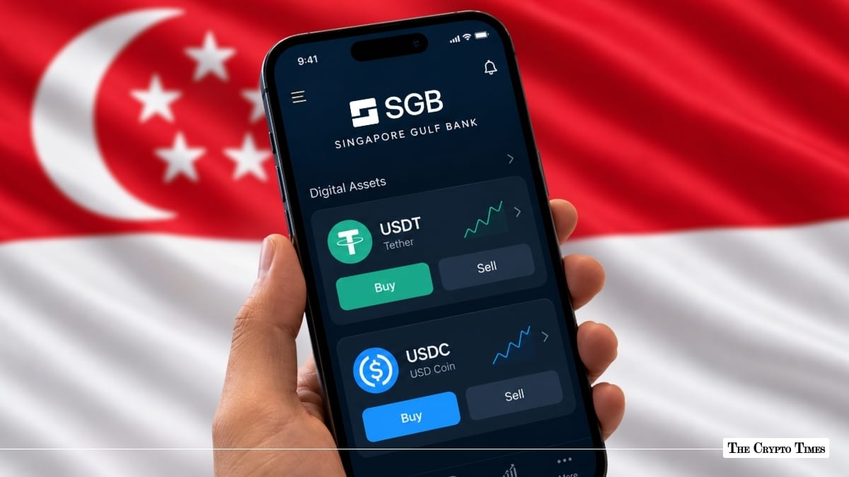 Hand holding a smartphone showing the Singapore Gulf Bank digital asset app against a Singapore flag