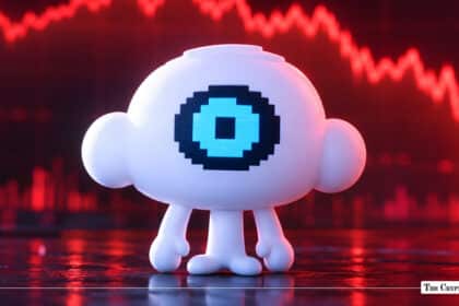 Puffer Finance mascot standing in front of a red declining stock chart.