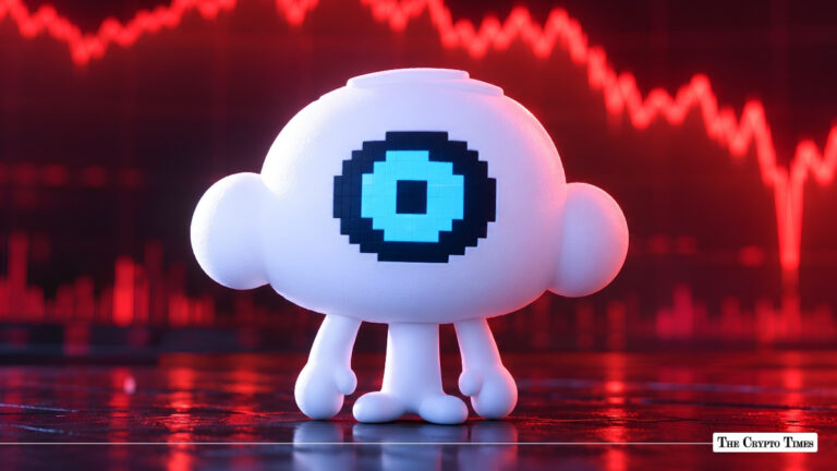 Puffer Finance mascot standing in front of a red declining stock chart.