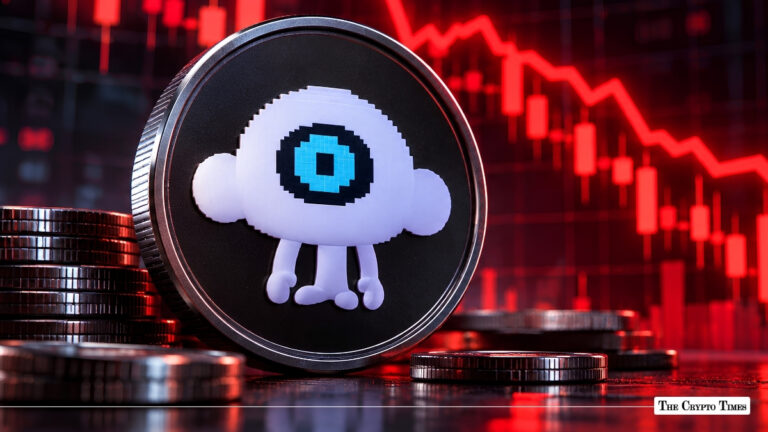A physical token featuring the Puffer Finance mascot set against a red declining market chart.