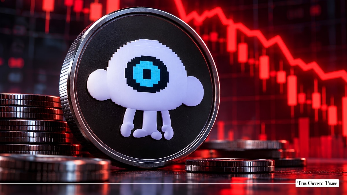 A physical token featuring the Puffer Finance mascot set against a red declining market chart.