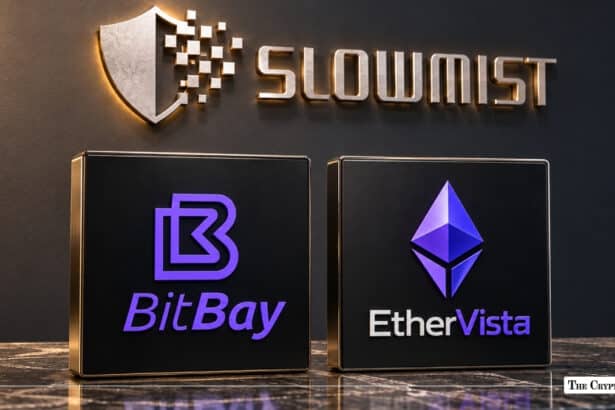 BitBay and EtherVista logo display blocks in front of an illuminated metallic SlowMist logo on a dark wall