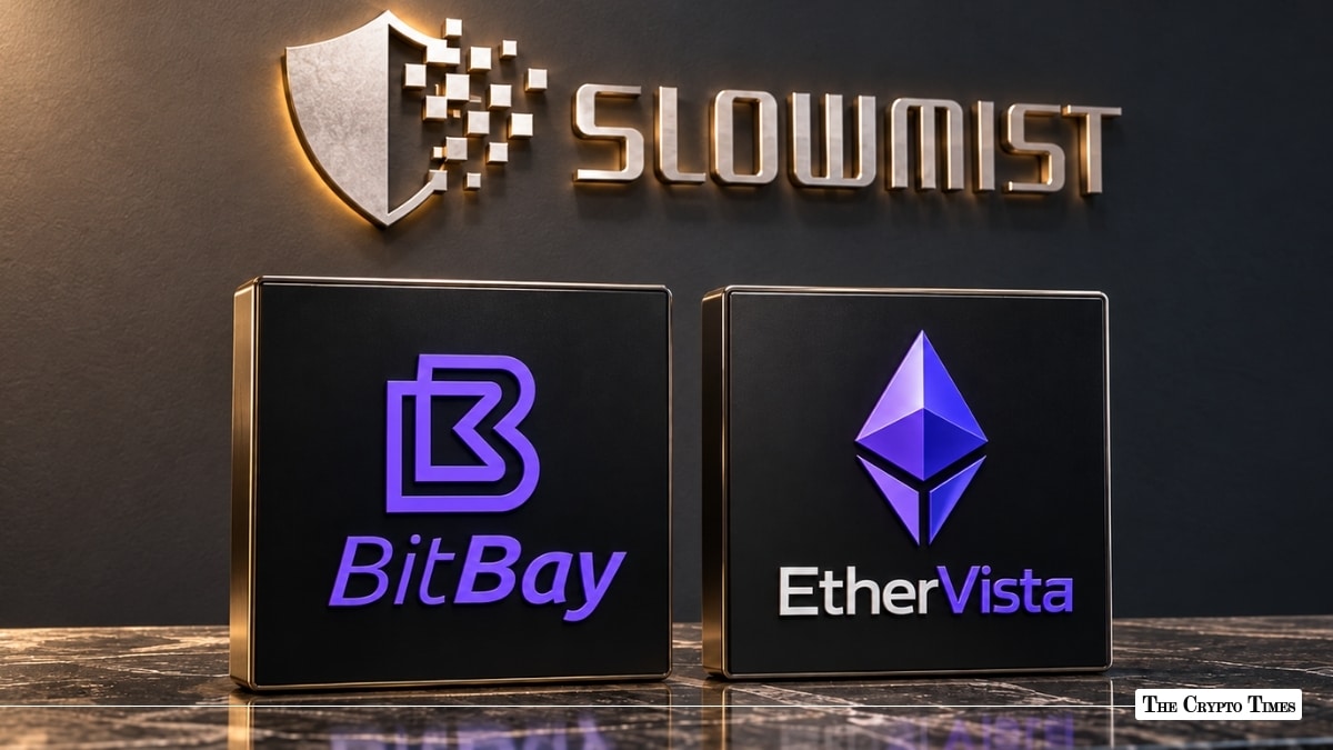 BitBay and EtherVista logo display blocks in front of an illuminated metallic SlowMist logo on a dark wall