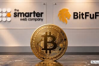 Gold Bitcoin coin in front of The Smarter Web Company and BitFuFu logos