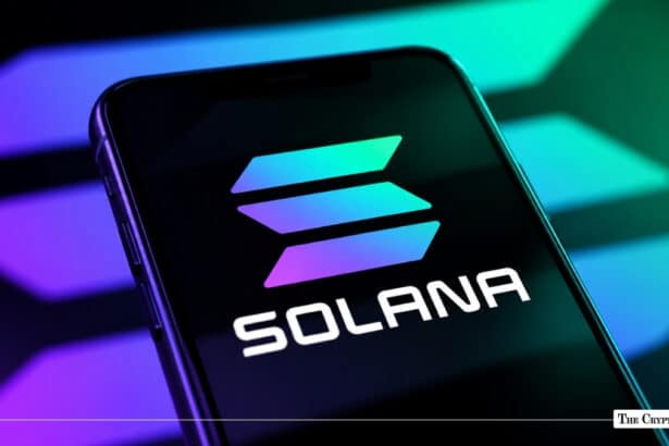 Smartphone screen displaying the gradient Solana (SOL) logo against a neon purple and green back-lit background
