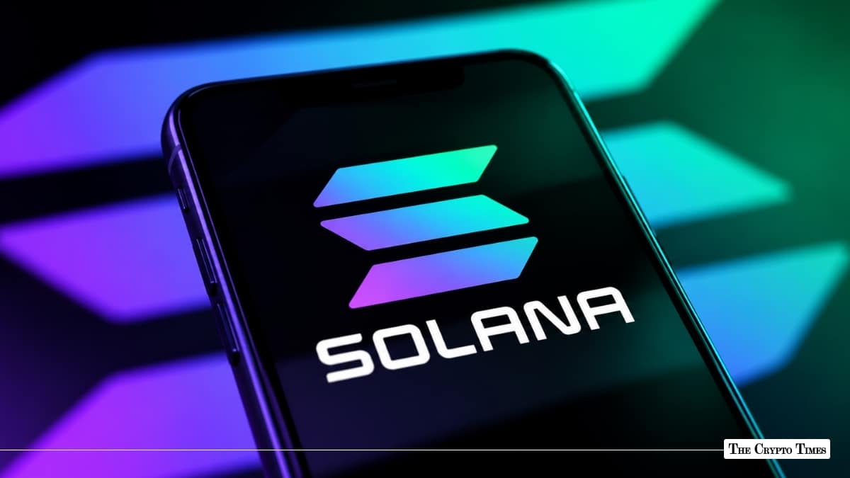 Smartphone screen displaying the gradient Solana (SOL) logo against a neon purple and green back-lit background