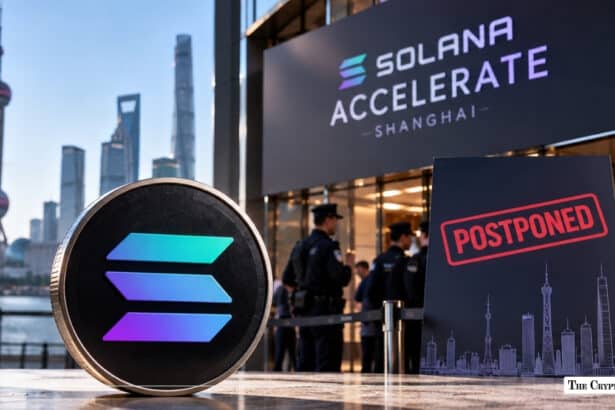 Physical Solana coin next to a postponed Solana Accelerate Shanghai event notice